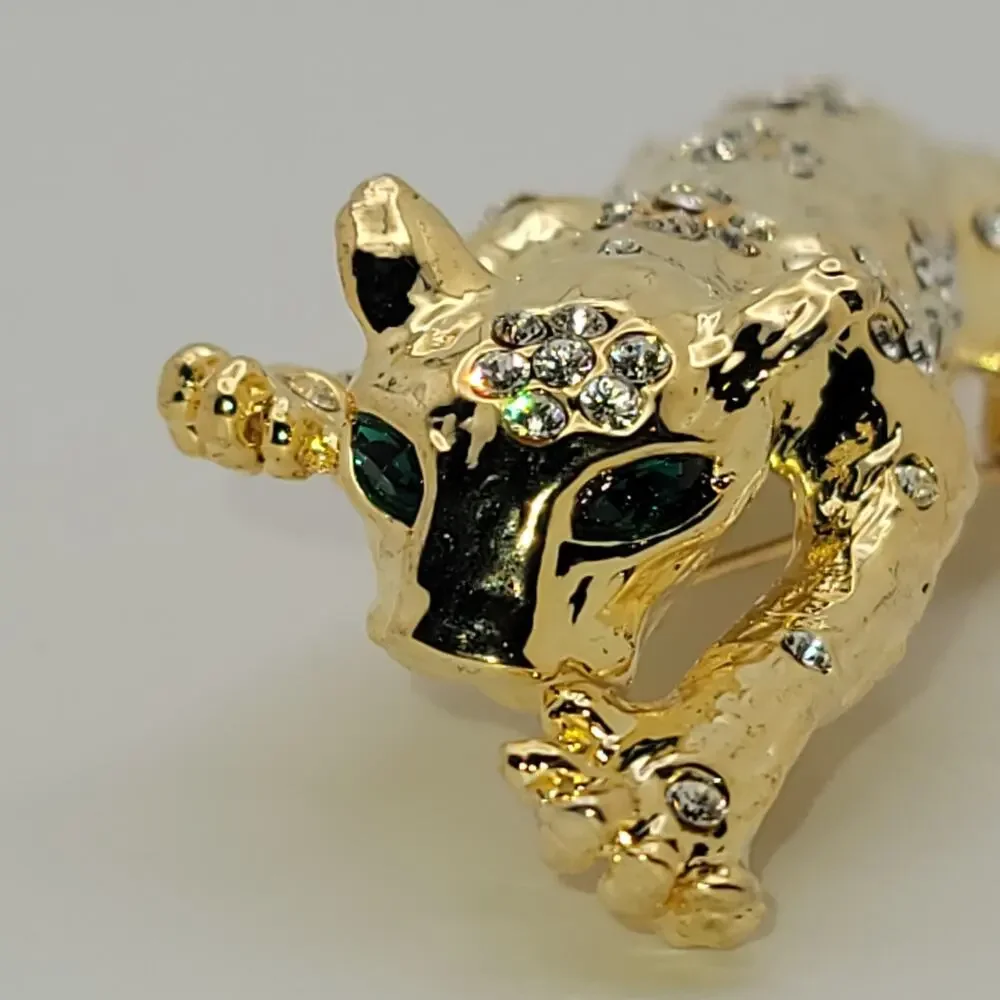 Vintage Gold-Tone Panther Brooch Green Rhinestone Eyes & Clear Rhinestones